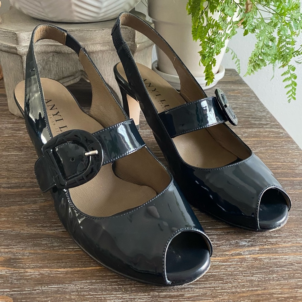 Anyi Lu Tulip Mary Jane Patent Leather Slingback Heels‎ Pumps Navy Blue 39 / 8.5